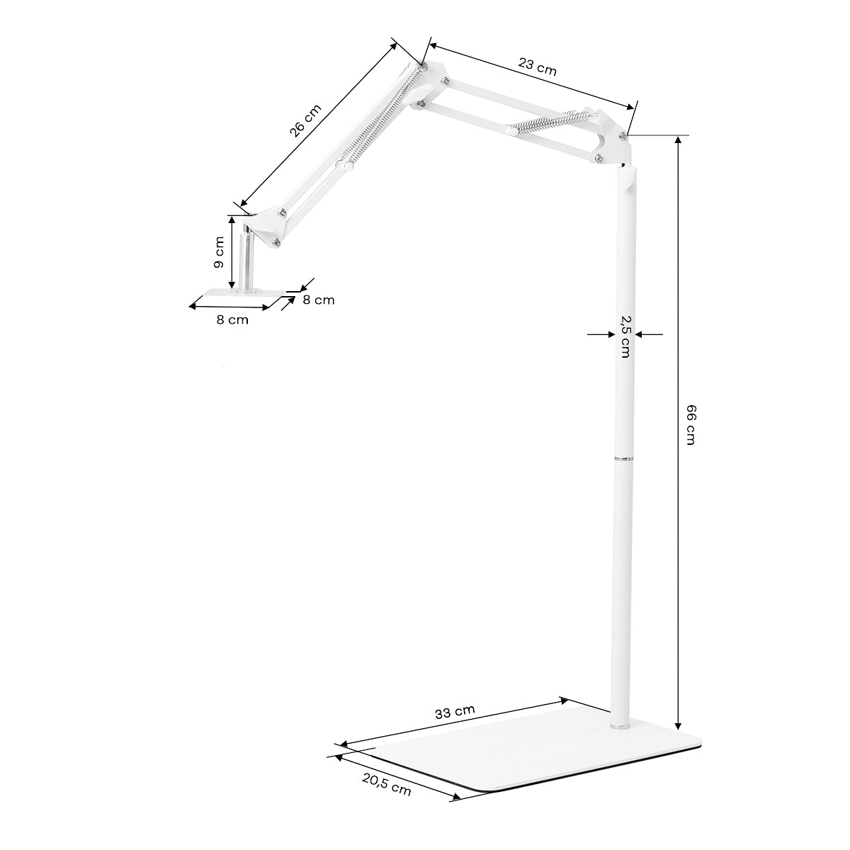 GLOW حامل قابل للضبط لمصباح UV/LED للباديكير – أبيض; رسم الأبعاد، قاعدة 33 × 20.5 سم
