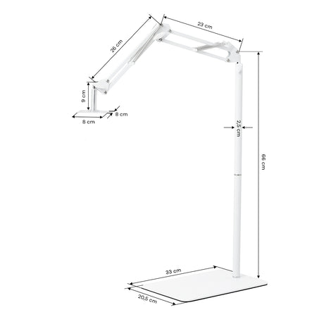 GLOW حامل قابل للضبط لمصباح UV/LED للباديكير – أبيض; رسم الأبعاد، قاعدة 33 × 20.5 سم