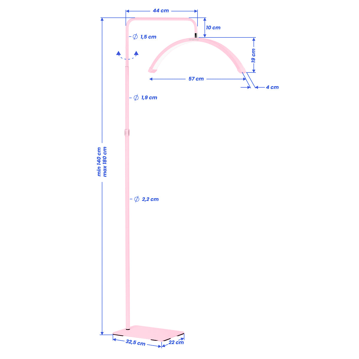 MOMO MX6 pink shadowless lamp dimensions and adjustable stand configuration