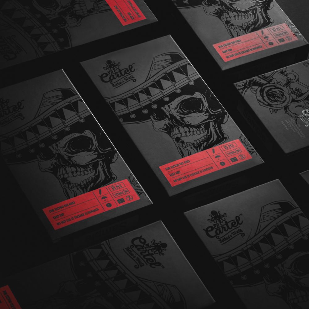 Set of 10 EL CARTEL Tattoo Cartridges V2 0.35mm Medium Taper for precise tattooing, shown in individual packaging.