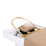 Gabbiano Head Spa 017 beige hair washing bed with cushioned surface and adjustable headrest for salon use.