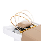 Gabbiano Head Spa 017 beige hair washing bed with padded cushion and adjustable headrest, designed for comfortable hair treatments.