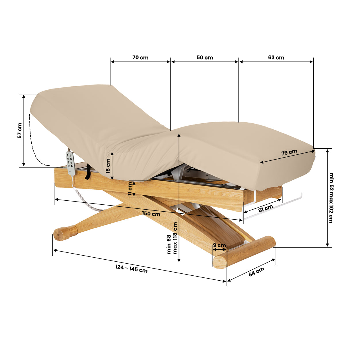 Sillon Siesta سرير SPA كهربائي – بيج، قاعدة بني فاتح · رسم المقاسات