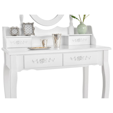 MIRA White Vanity Table with Mirror, 4 Drawers & Stool - BVShop