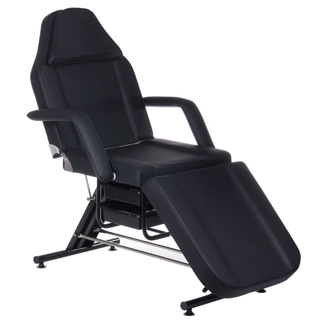 Black cosmetic chair with attached trays, model BW-262A by Beauty System, featuring adjustable height and padded seating for salon use.