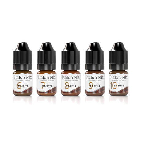 Etalon Mix Mineral Line Eyebrow Set with five 5ml containers of mineral eyebrow products, featuring natural shades.
