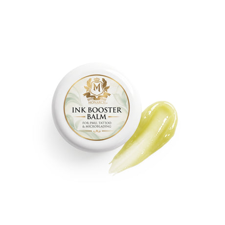 Skin Monarch Ink Booster Balm 30مل, غطاء بجانب مسحة من البلسم الأصفر اللامع