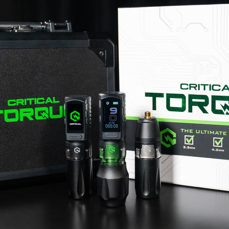 Critical Torque Wireless Tattoo Machine Ultimate Bundle with three needle sizes, showing the sleek tattoo gun and accessories.