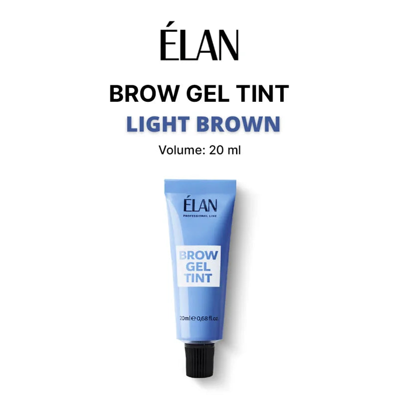 Elan Brow Gel Tint in Light Brown, 20ml, showing the product tube with the tinted gel inside and a natural brow finish