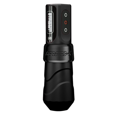 FK Irons Flux Max Black Ops wireless tattoo machine angled control view
