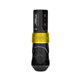 FK Irons Flux Max Gold/Stealth tattoo machine angled view