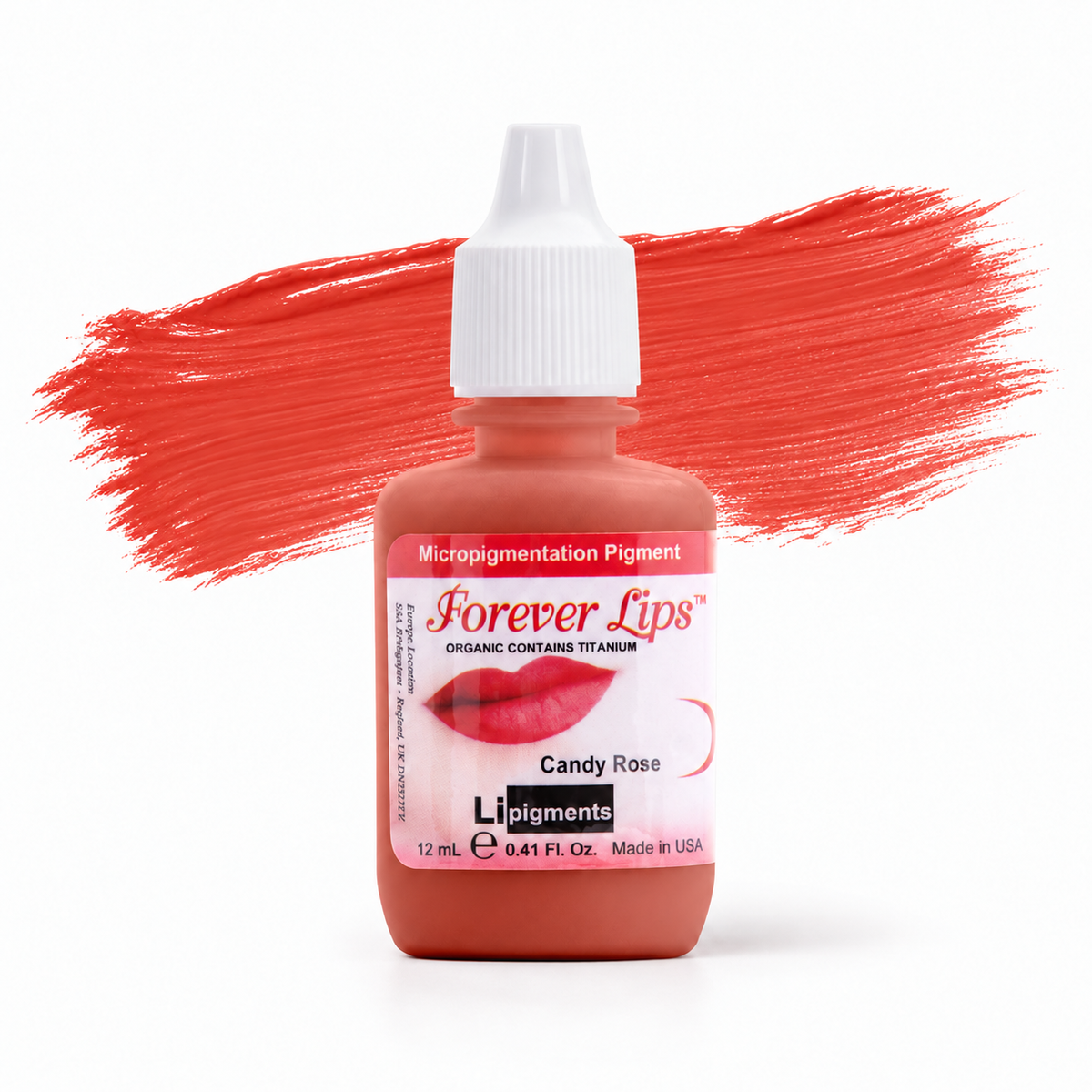 Li Pigments Forever Lips Candy Rose 12ml bottle with an illustrative colour brushstroke based on the manufacturer swatch