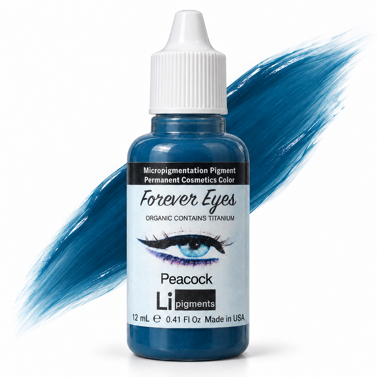 Li Pigments Forever Eyes Peacock 12ml — bottle with illustrative liquid pigment colour smear