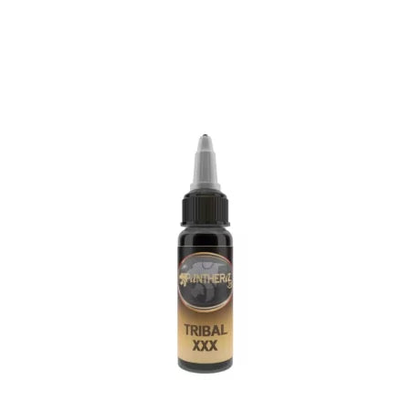 Panthera Tribal XXX Black 30ml bottle, REACH approved, featuring a sleek black design with tribal artwork, for grooming or styling.