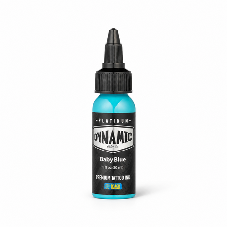 Platinum By Dynamic Tattoo Ink Baby Blue 30ml bottle on a white background with a natural shadow