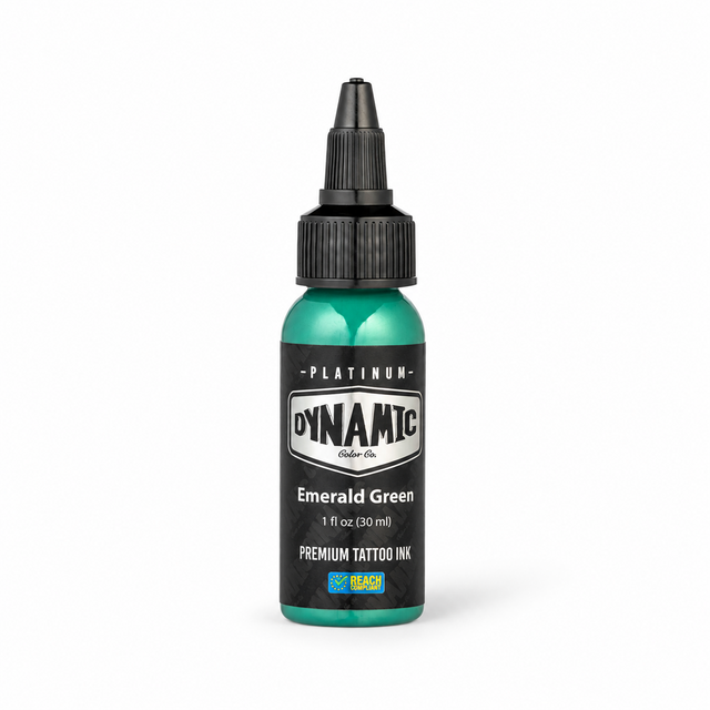 Platinum By Dynamic Tattoo Ink Emerald Green 30ml bottle on a white background with a natural shadow