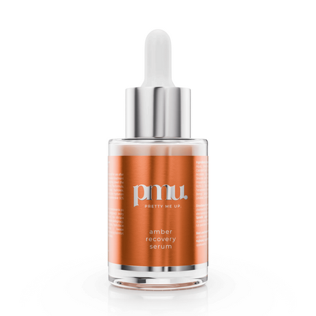 Kwadron Pretty Me Up Amber Recovery Serum 30ml bottle with dropper, designed for post-PMU skin care and recovery.