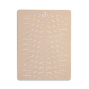 Set of five The Perma PMU practicing skin sheets with printed brow shapes and outlines for tattoo training and practice.