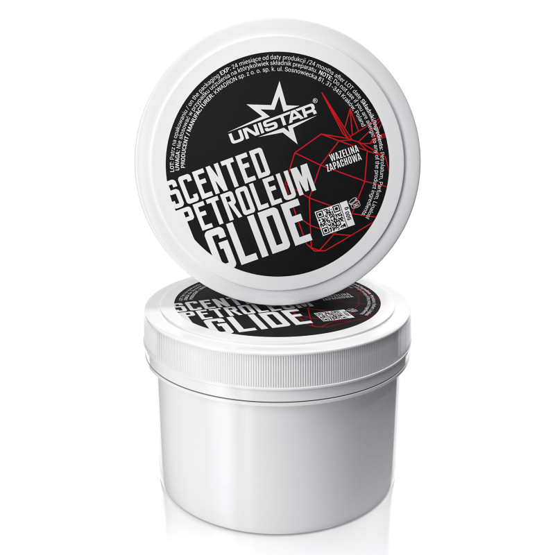 Unistar Scented White Glide Strawberry lubricant in 500g container with white and strawberry-themed packaging.