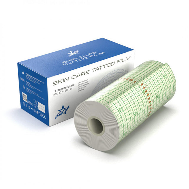 Unistar Skin Care Tattoo Film Dressing roll, 10m x 15cm, clear protective film for tattoo aftercare and healing.